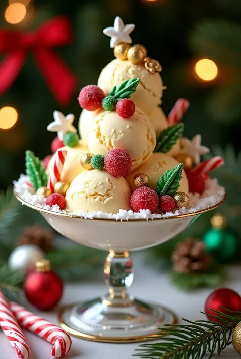 Panettone ice cream with edible Christmas decorations 