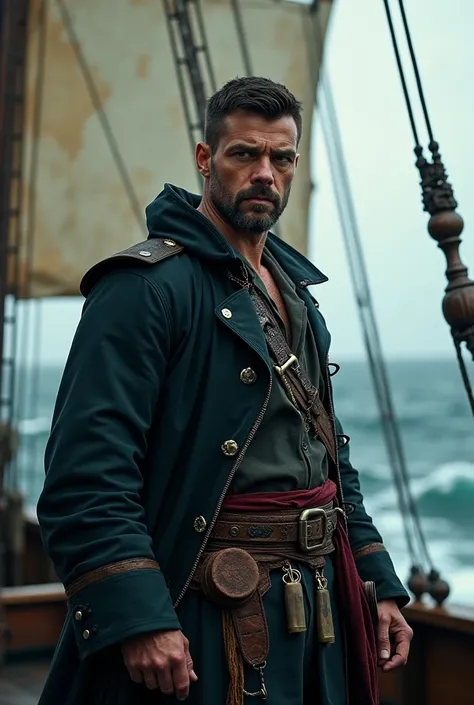 Pirate Captain, strong, with black eyes, On the ship empty-handed,  short hair 