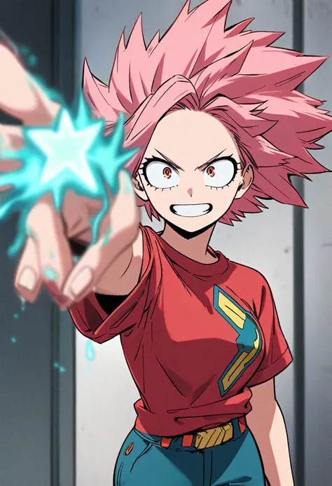 A pink-haired teenage girl wearing a red t-shirt and cyan blue pants with healing powers ( Anime My Hero Academia )