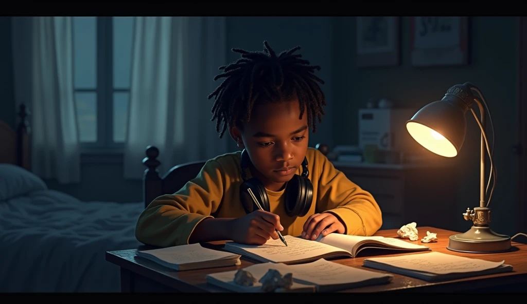  A nighttime scene in Michaels bedroom ,a  African-American boy with braided hair illuminated by a single table lamp.  Michael is seated at a small table ,  furiously scrawling letters in his notebook , surrounded by crumpled papers .  Headphones hanging a...