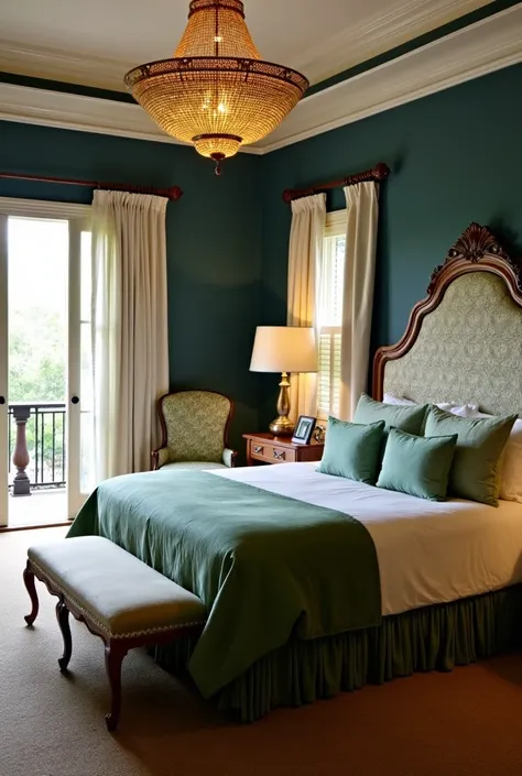  Master Bedroom
Description :  A spacious room with a king-size bed ,  bedding in shades of green and white , and a private balcony .  The walls are dark blue with white and gold details.  It has a dressing room and a private bathroom with a bathtub .Hacie...