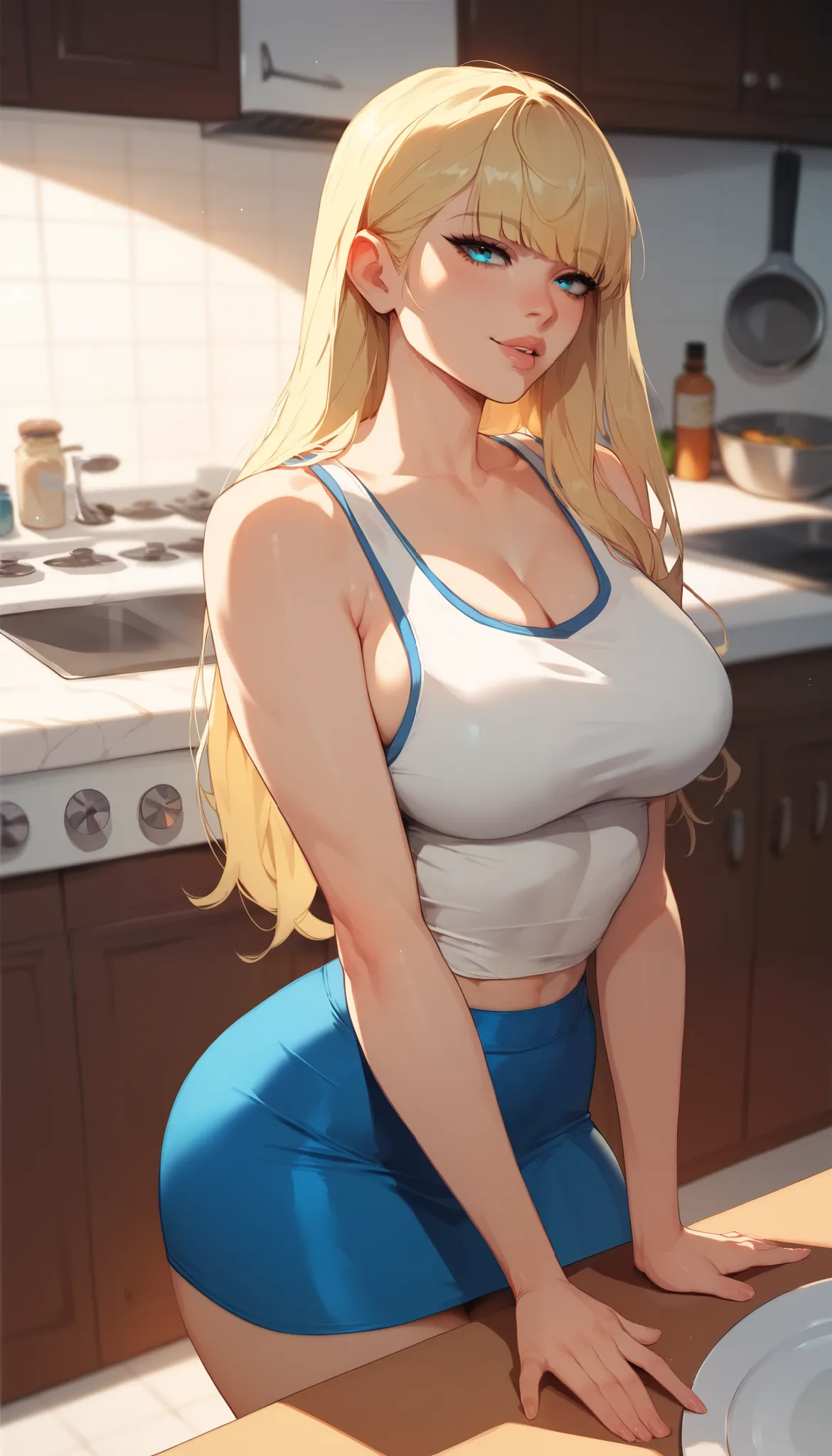 1girl, long blonde hair, straight bangs, blue eyes, wearing tight white tank top, blue skirt, in kitchen, sexy pose