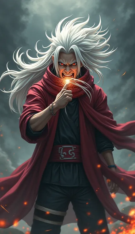 Scene :  Jiraiya in a moment of transformation or readiness to use a huge force, stands in a tense and focused position, He bites his hand with his teeth very hard to release its potential energy.  despite his usually reassuring features, his face at this ...