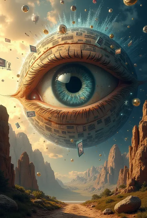  a giant eye at the center made of layers ,  each representing different cultural and historical images , like Renaissance paintings ,  digital pixels and ancient symbols .  The eye is surrounded by floating frames showing evolving visual media  ( rock pai...