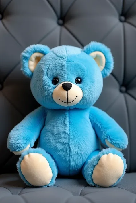 "Create a vibrant blue teddy bear in a seated position with rounded, soft features. The bear should have cream-colored inner ears and foot pads, with a cheerful expression highlighted by black button-like eyes and a small black nose. Position the teddy bea...