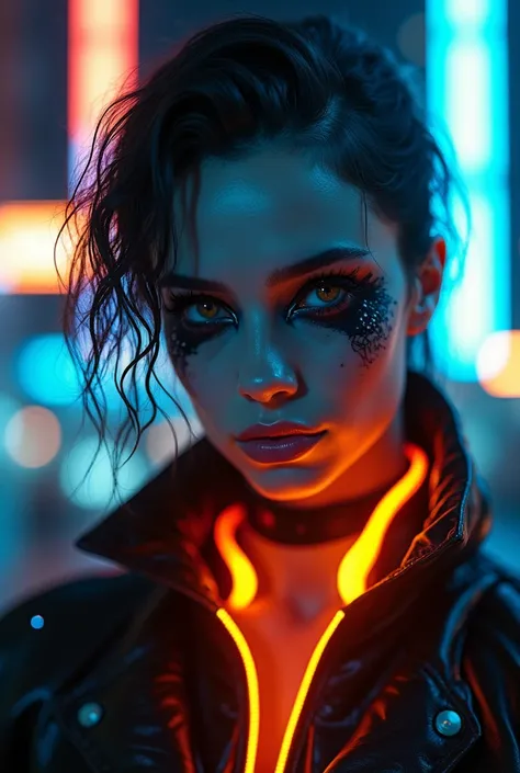 portrait model with neon-colored eye makeup, focusing on intense black eyeshadow, glowing orange collar of a high-tech jacket visible, cyberpunk-inspired hairstyle with subtle colored highlights, background showing blurred city lights at night, piercing ga...