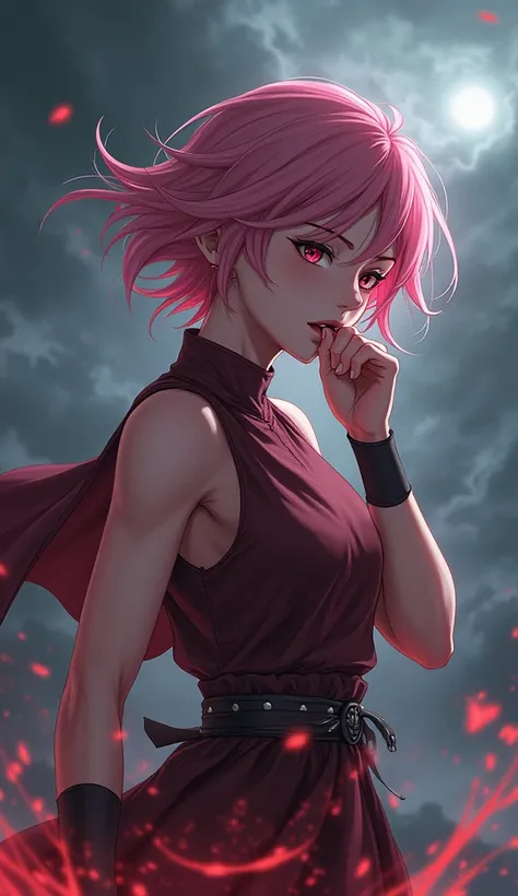 Scene :  Sakura is about to launch in an intense moment. She stands in a tense battle position and bites his hand with her teeth strongly, ready to release her hidden power .  Her face reflects a combination of strength and calm, with her eyes shining with...