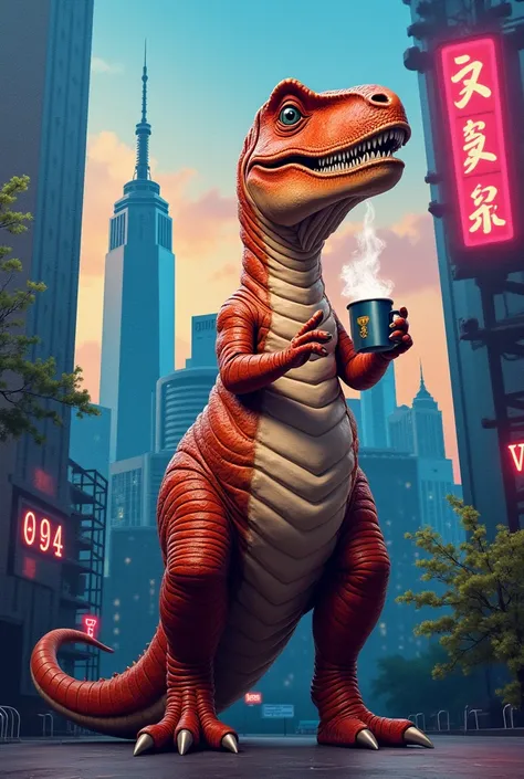 Dinosaur mural drinking coffee in one hand and holding a cell phone in the other hand ready to take a selfie for Instagram 