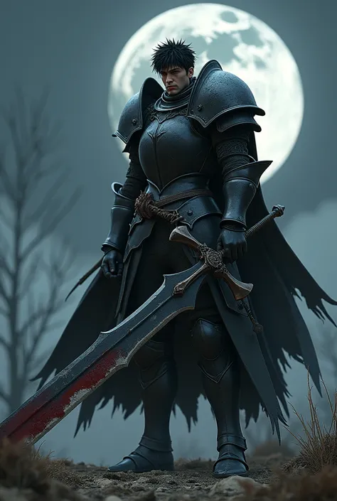 "Imagine Guts from Berserk in a 3D profile, wearing the imposing and detailed armor of the Black Knight from Dark Souls. The armor is heavy, darkened with the wear of countless battles, featuring large pauldrons and a tattered cape, embodying a grim and me...