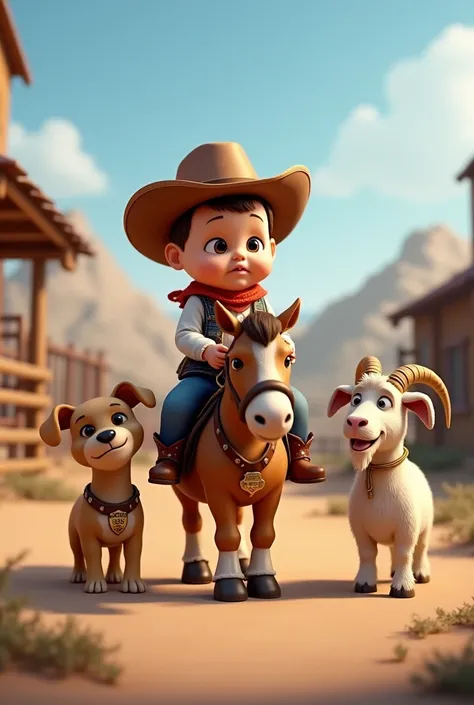 A baby dressed as a tiny cowboy riding a miniature pony with a dog wearing a sheriffs badge and a goat with a lasso stuck on its horns.

(Look like real)