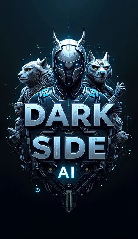 Design a hyper-realistic 8K logo for the word DARK SIDE AI, representing artificial intelligence, technology, and innovation. The font should be bold, sleek, and metallic, with a futuristic, high-tech look using gradients in electric blue, silver, and hint...