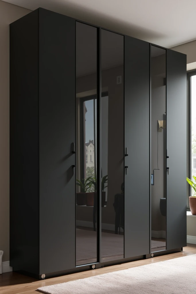 Generate a 4 door wardrobe in black colour with 2 mirror 