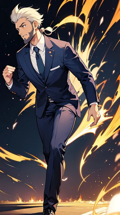 anime style drawing of one bangladeshi business man with light beard in a suit, worried face, running ( side view)

