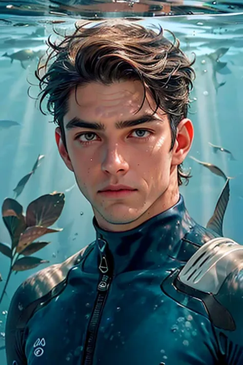 portrait front facing, of a handsome man. a marine biologist in his late 30s. He has an athletic build, short, tousled dark hair, and a clean-shaven face with striking grey eyes. Wearing a wetsuit partially unzipped with water droplets on his suit and face...