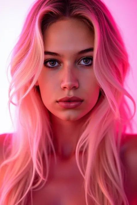 take a bright photo using a face with an image, long blond hair, like a photo shoot bright shades, pink tint,neon