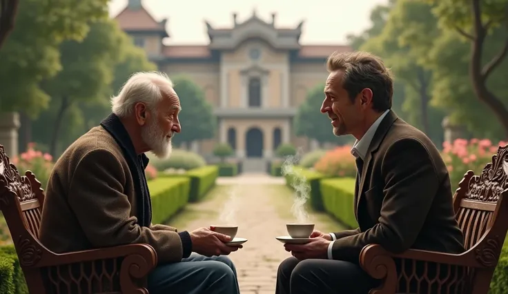 An old man sits on a palace garden bench with a coffee in hand and a young man chats with him