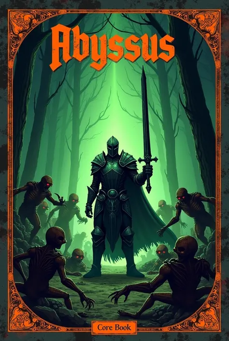 Design a dark fantasy book cover inspired by old-school RPG manuals for a book titled Abyssus. The cover features a black-armored knight wielding a jagged greatsword, standing in a dense, shadowy forest illuminated by an eerie green glow. The knight is sur...