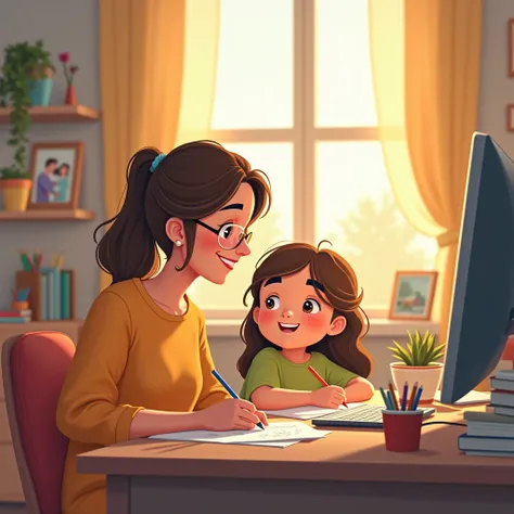 A mother who is happily raising children while working fully remotely and her elementary school daughter doing homework next to her