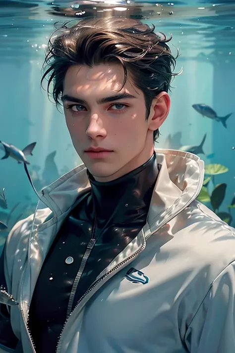 portrait front facing, of a handsome boy, a renowned marine biologist in his late 30s. He has an athletic build, short, tousled dark hair, and a clean-shaven face with striking grey eyes. Wearing a wetsuit partially unzipped with water droplets on his suit...