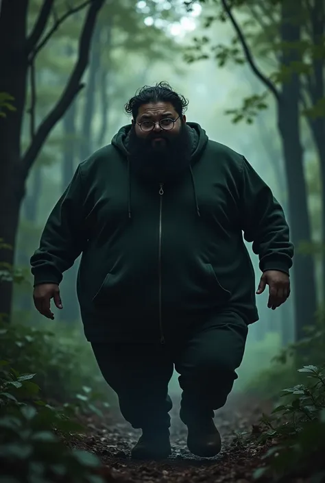  An overweight man with a black beard and hair with glasses,  sneaks into a forest unnoticed , to pick up 10 doner kebab from a supplier.  He is very happy but is ashamed at the same time , Because he is so fat 

