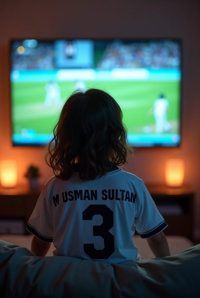 "A  old handsome  boy  with long hair watching a cricket match on TV from behind, wearing a white 🤍 jersey with the name M Usman Sultan and number 3   written on it and background with lighting."in. TikTok size 