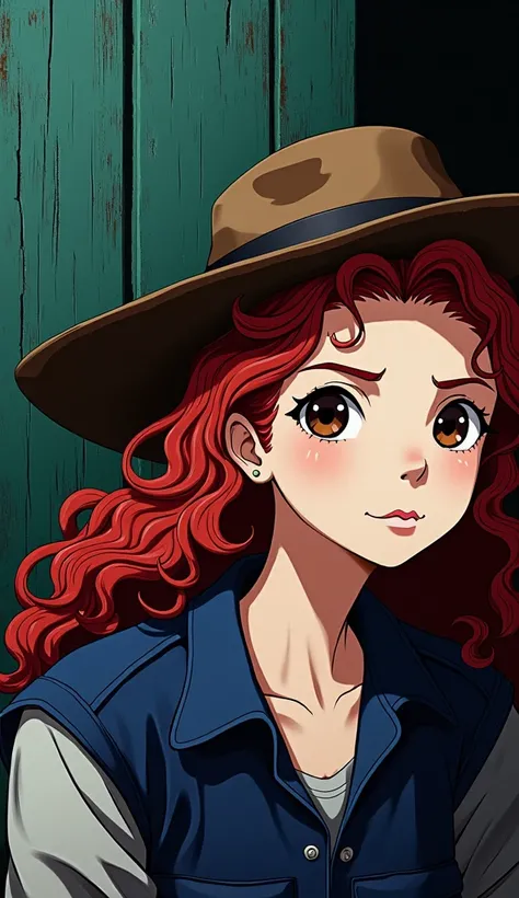 A young cherry red-haired cowgirl, brown skin color, dark brown okhos with curly hair looking to the right with her head diminished and only the silhouette of her face visible, with a masculine nose, long curly hair, dark circles under her eyes and a prono...