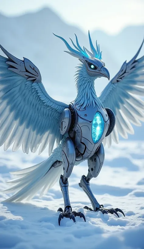  An illustration of a futuristic robotic phoenix standing majestically in a snow-covered tundra, its wings shimmering with icy blue and white metal feathers that reflect the surrounding frost. The creatures mechanical body is reinforced with silver and tit...