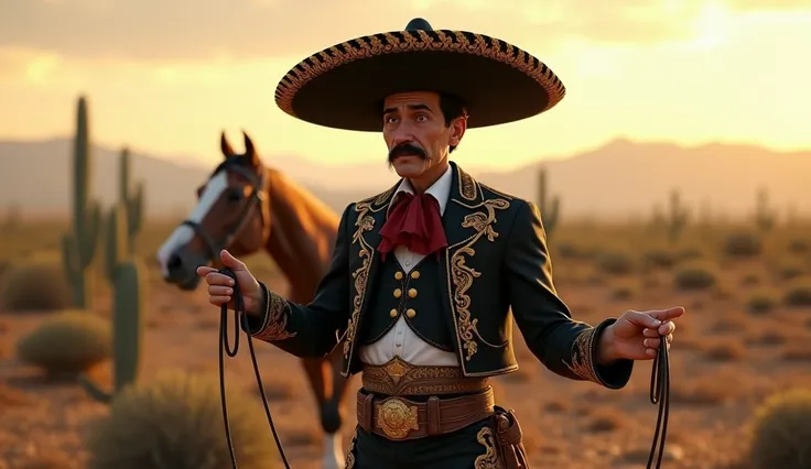  A realistic Mexican charro , middle-aged,  with slightly disheveled dark hair and a thin moustache .  He wears a traditional charro costume in black ,  decorated with intricate gold embroidery on the shoulders , the chest,  and along the pants . His hat i...