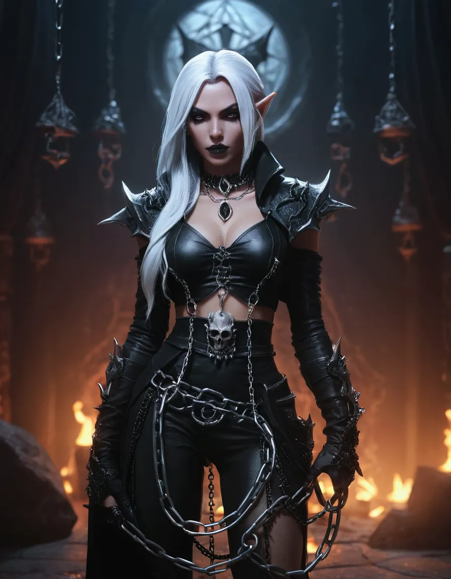 a close up of a woman in a black outfit with chains around her, dark elf, beautiful dark elf countess, dark elf princess, diablo...