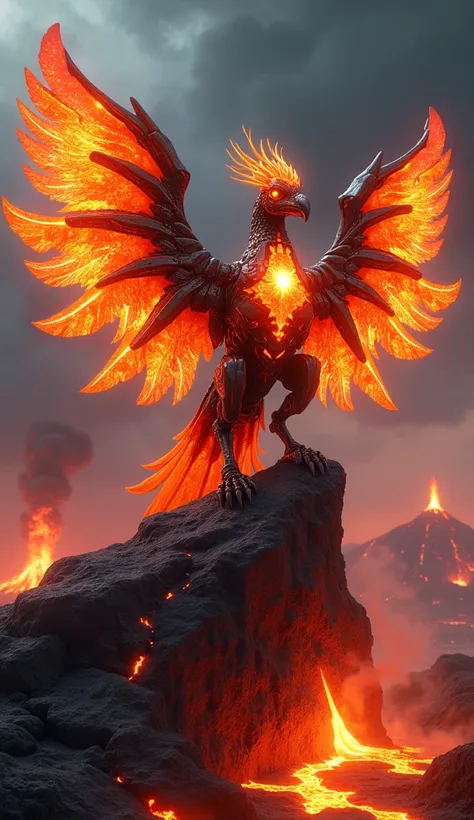 "An illustration of a volcanic robotic phoenix perched on a jagged rock amidst a lava field, its wings radiating molten red and gold, resembling flowing magma. Its mechanical body is forged from obsidian and glowing molten alloys, with cracks that reveal a...