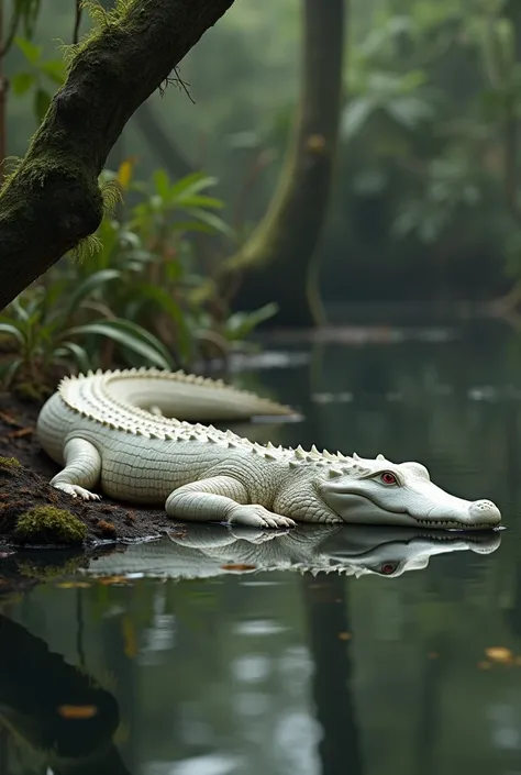 "An albino alligator resting near the edge of a calm swamp, its pale white skin glowing under soft natural light. The alligators eyes are a striking pinkish-red, and its body displays detailed textures of its unique albino scales. The background features g...