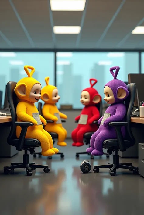 Teletubbies in  office, sit on chairs