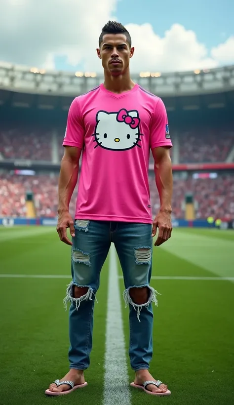 ronaldo, pink shirt with hello kitty image, ripped jeans, flip flops, standing looking at the audience, middle of the football field, very real, cinematic