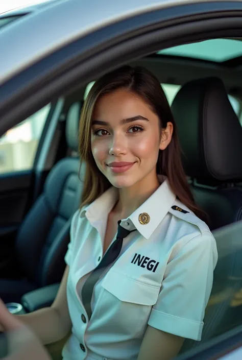 Girl in Inegis car greeting like in a fashion show and wearing Inegis uniform