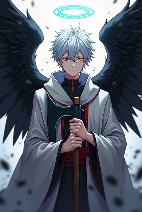 Anime image of a white man with a calm face, right skin, red left eye, yellow right eye, wearing a priests outfit, holding a large axe, with black wings behind, and a ring on his head.