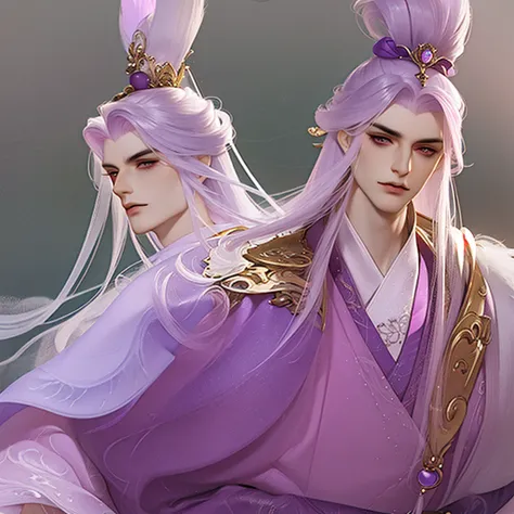 best qualtiy，tmasterpiece，highly detailed wallpaper，1 handsome man、pretty purple and pink eyes，Character standing drawing，tan skin, malefocus，white hair，purple hair tips，Kingly temperament，detailed face，gorgeous hair accessory，looking at viewert，Hanfu，supe...