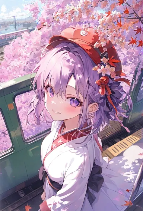 ((pastel))、from above, character focus, close to viewer,The season is autumn,Red maple leaves, one woman,Mauve Hair, purple eyes,I have cherry blossoms on my head,Im on a trolley train,  best quality,  smiles, 