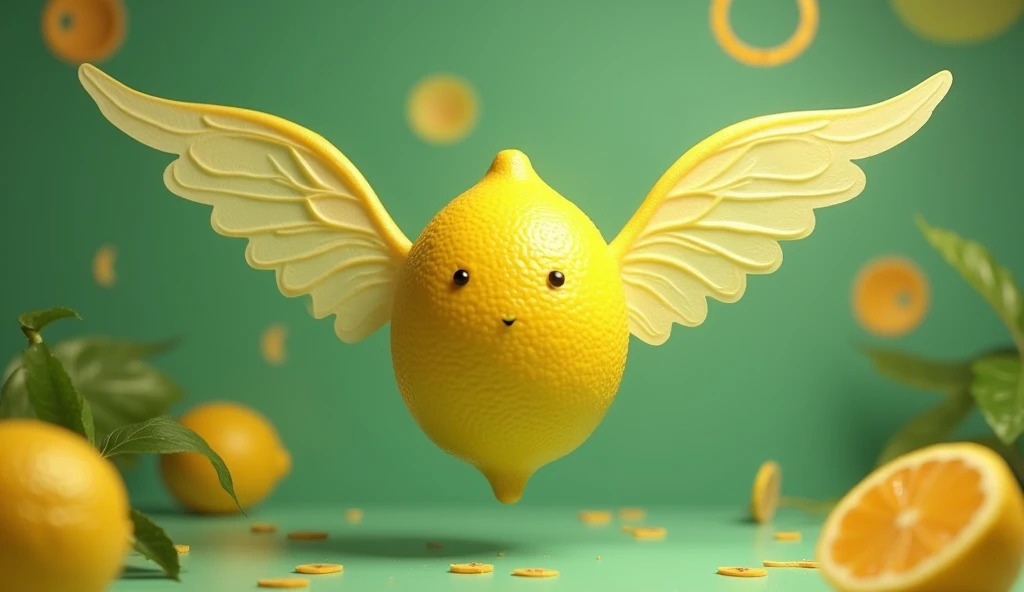 A bright yellow lemon with  wings attached to its sides. The background is vibrant green, adorned with abstract circles and wavy lines. The lemons skin texture is detailed with highlights.