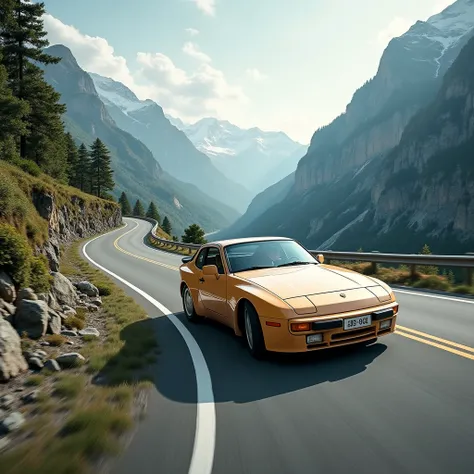 A 1987 beige Porsche 944 Turbo rides in a corner on a winding mountain road with incredible scenery