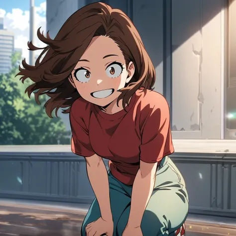 a  teenage girl with brown hair wearing a red t-shirt and cyan blue pants who has the power of healing (  anime My Hero Academia  ) high definition ,  smiles, 