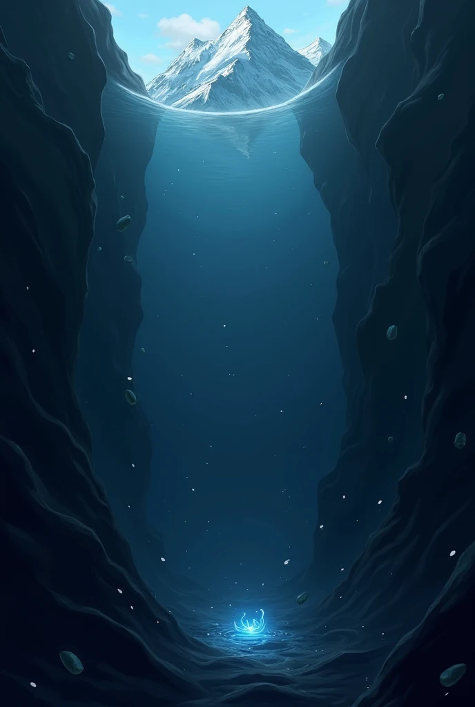 " A hyperrealistic and vertical illustration showing the depth of the Mariana Trench, comparing it to Mount Everest .  the background is dark ,  with shades of blue and black ,  and floating particles to give a sense of mystery .  A small bioluminescent li...