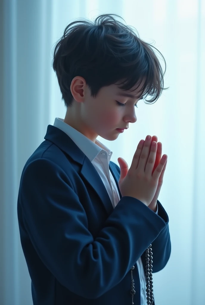  Black-haired Caucasian boy praying with his eyes closed, in his hands he has a Rosary ,  is dressed in a dark blue suit ,  the background is white with sky blue 