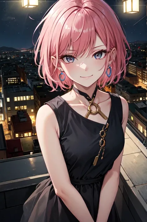  high resolution, masterpiece, short hair, pink hair, Natural Curl, earrings, Single,  1 girl,  Saggy Eyes , smirk, Gray eyes,  Simple Background , perspective drawing,  night view of the city, looking down camera, close-up, Chest, 