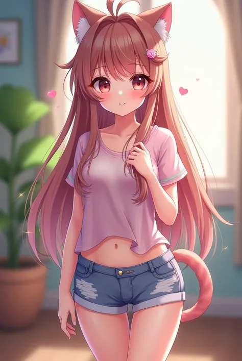 masterpiece,  Quality Best ,  extremely detailed, (illustration,  Official Art :1.1),  1 girl at home , long发,Cat ears and tail（hairy） ,, long发 (( blush)) ,  cute faces,  big eyes（meticulous，Colorful）, 樱桃Small嘴（Small，Invisible lips），中等long脸，Big belly butto...