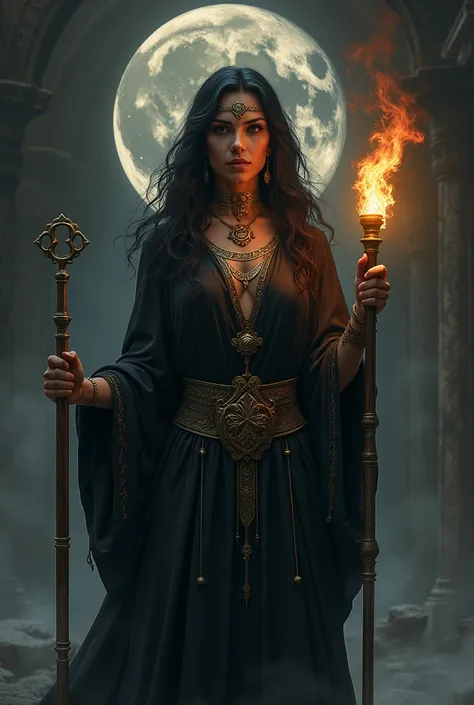 Hekate,the Witch Goddess with a Torch ,Keys and Moon