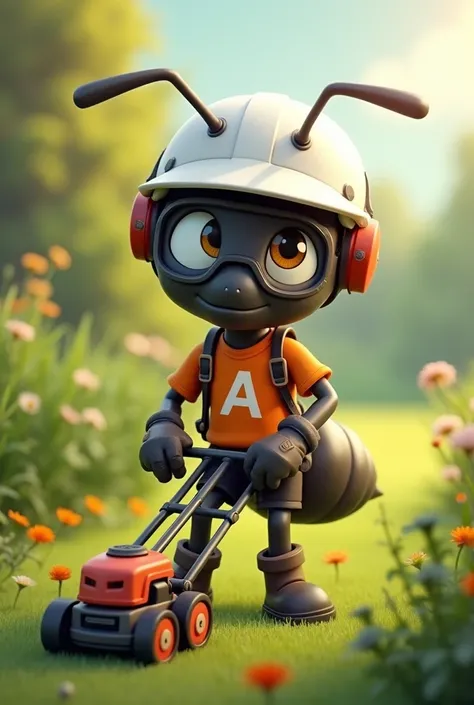 Create, in cartoon style, an ant with an open white helmet with its antennae facing out , wearing an orange shirt with the letter A in the middle , black pants and boots .  This character acting as a lawn mower operator with a trimmer to cut grass in a gar...