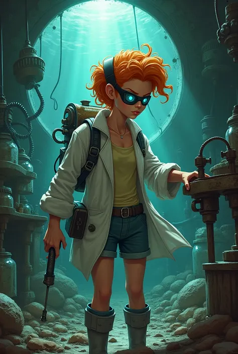  Sandy Cheeks is in her underwater laboratory ,  surrounded by broken scientific equipment and empty jars .  She has a determined expression mixed with desperation as she tries to fix a complex machine. The environment is chaotic, reflecting her struggle a...