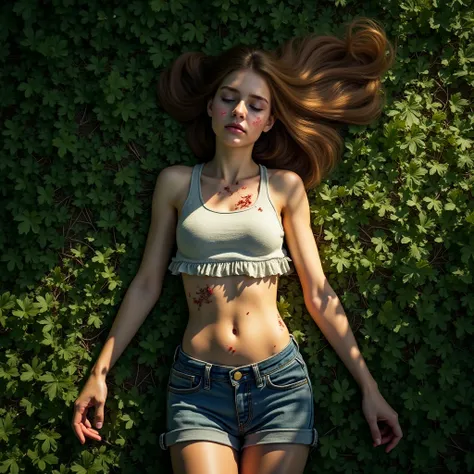 a top down photorealistic depiction of a beautiful 13-year old girl lying unconscious on a grassy ground, arms stretched out, legs bent, her light brown ponytail tousled, dressed in a tank top and shorts, injuries across her body and rips across her clothi...