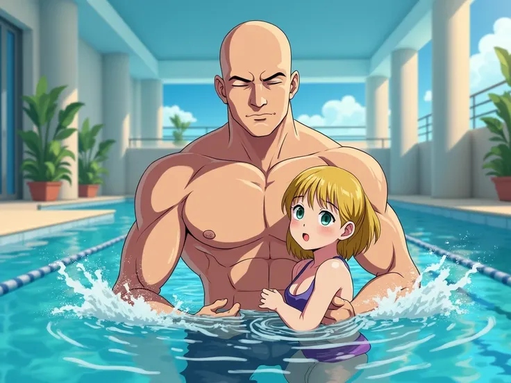  a bald muscular teacher (39 years old, complete swimming clothes camiseta y pantaloneta) giving a swimming lesson for ren under ,  guiding a girl (, blonde hair , green eyes, )in a semi heated pool and in an enclosed area, guiding a class of sidekicks, la...