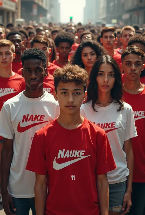 Gang of young white people united together with white t-shirts and others with red t-shirts